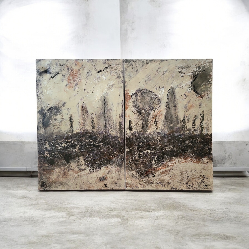 Original Abstract Textured Diptych Art Depucting a Forest Landscape. 4ft X 3ft